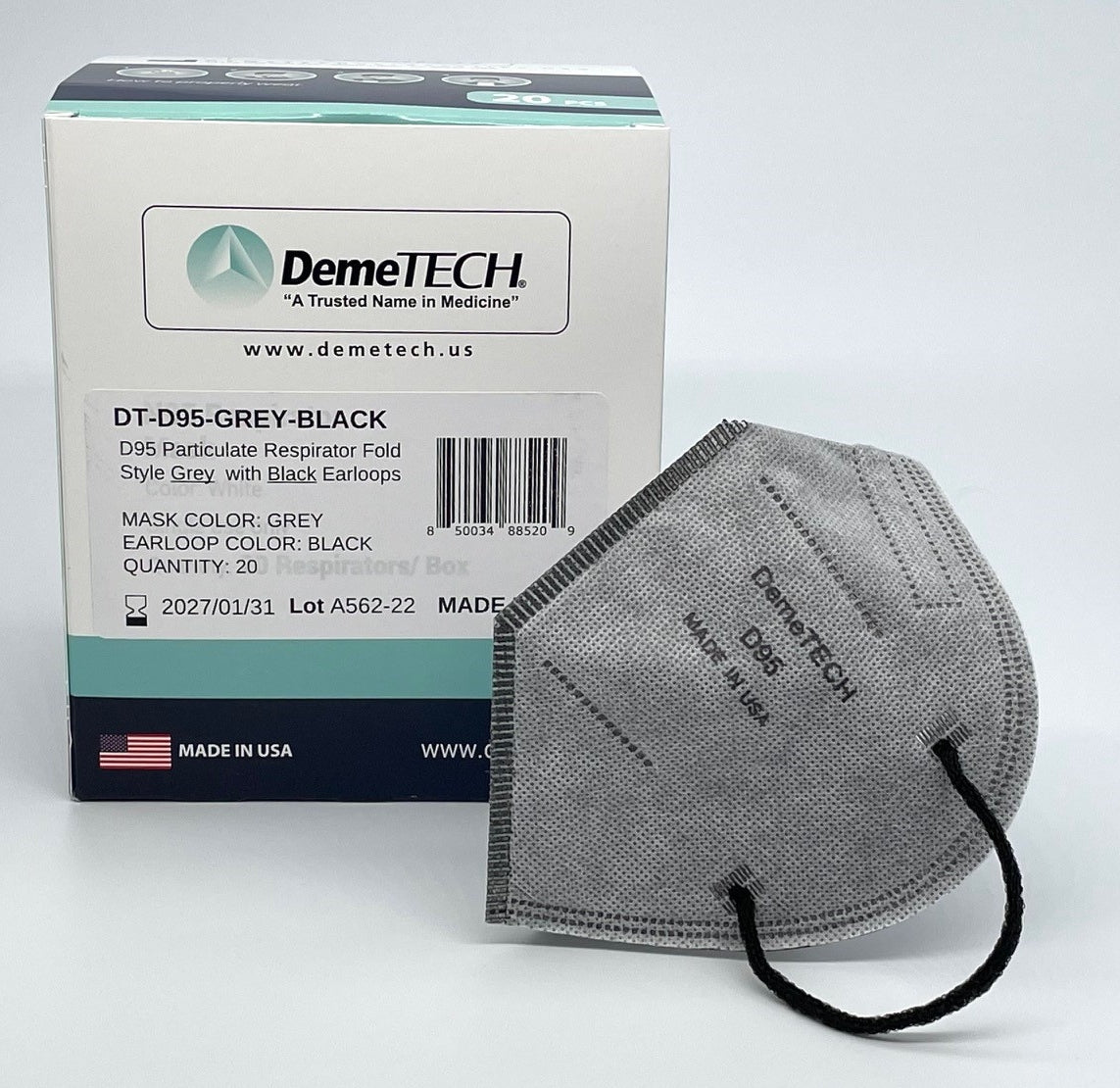 DemeMASK-D95 Grey Respirator Fold Style with Black Ear Loops-MADE IN USA-20 per box